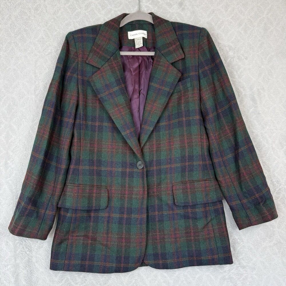 Vtg Wool Blend Blazer Women 8 Plaid Green Fall Academia Old Money Preppy 80s 90s